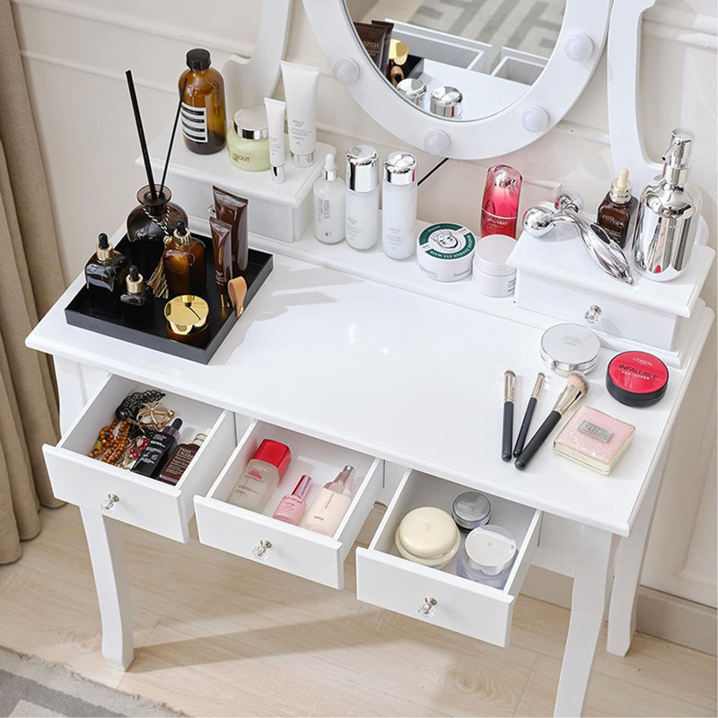 Ensemble de coiffeuse et tabouret de maquillage, miroir de coiffeuse avec lumières et ensemble de table, petite table de coiffeuse pour chambre à coucher (blanc)