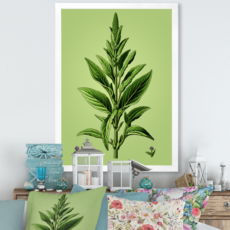 «Green Minimalist Herbal Harmony I - Floral Herbs», art mural, Cadre simple blanc, H 20 po x l 12 po x P 1 po