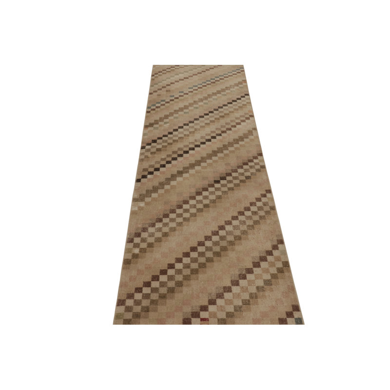 Vintage Turkish Runner, Beige-Brown With Diagonal Striped Design - Rug & Kilim