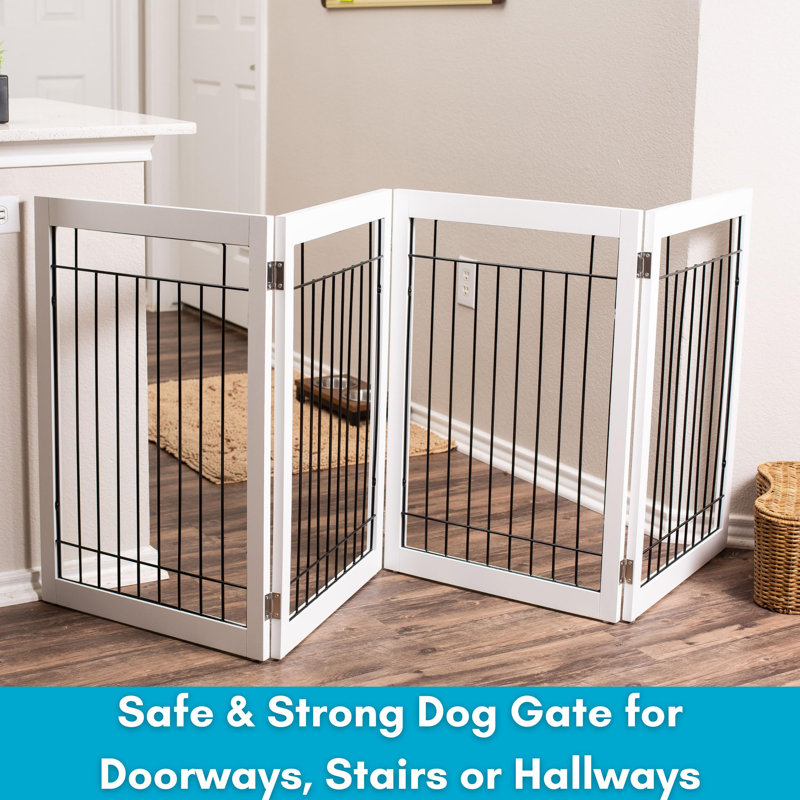 74" Long Wooden Freestanding Pet Gate - 4-Panel Foldable Indoor Dog Gate (White), White
