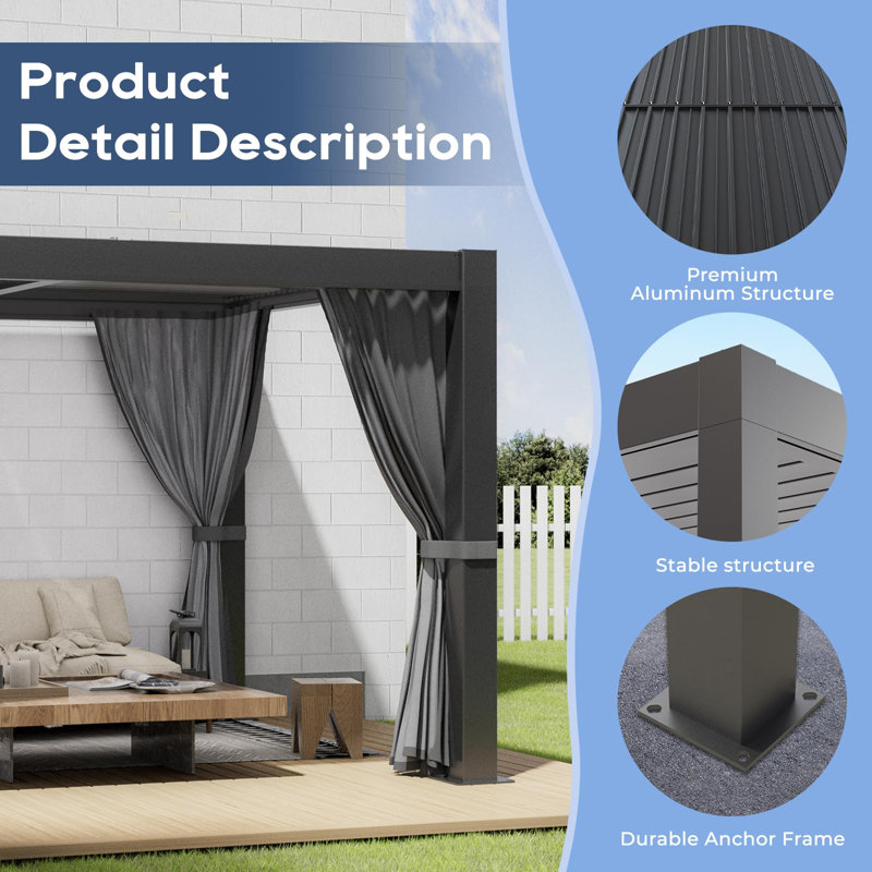 Pergola moderne en aluminium à lames orientables de 3 m x 3 m avec toit ajustable et rideaux d'intimité pour terrasse extérieure