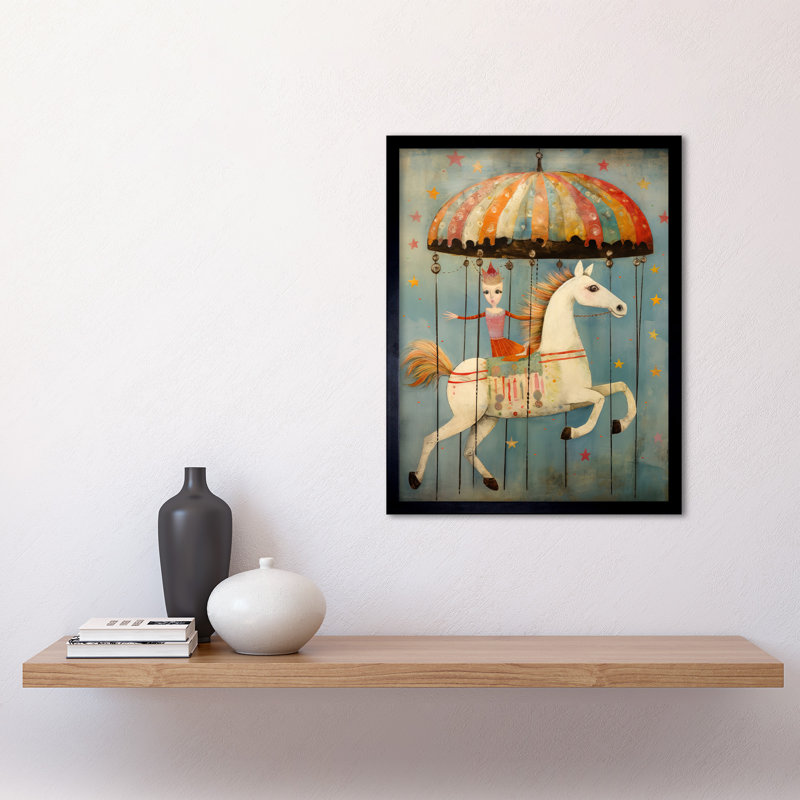 Folk Art Whimsical Carousel Fairground Pastel Horse - Single Picture Frame Print