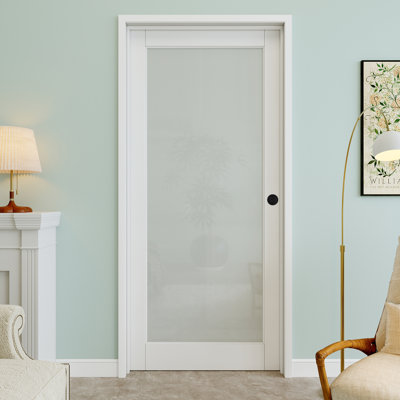 32" x 80" 1-Lite Frosted Glass Interior Prehung Door with Round Knob and Silver Hinges, Privacy Glass Door Slab, Paintable & Waterproof, Suit for Laundry, Closet Doors, Room Doors, Left Hand