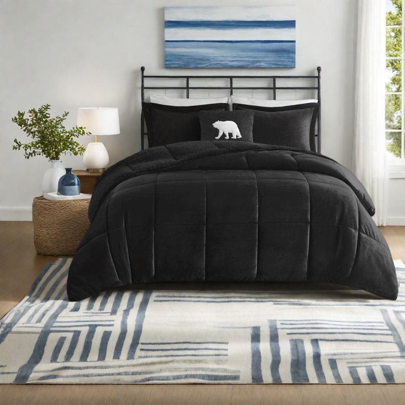 Ensemble d'édredon noir luxueux, moelleux et sherpa