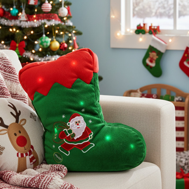 Lighted Green Stocking Christmas Pillow