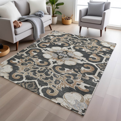 Machine Washable Indoor/Outdoor Xhevrie Charcoal Rug