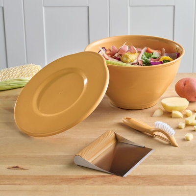Rachael Ray Kitchen Prep, Garbage Bowl With Lid, Bench Scrape, Veggie Peeler, 4-Piece Set, Turmeric Yellow