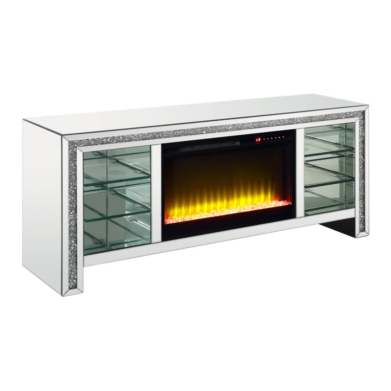 Meuble télé avec foyer et DEL, miroir et faux diamants