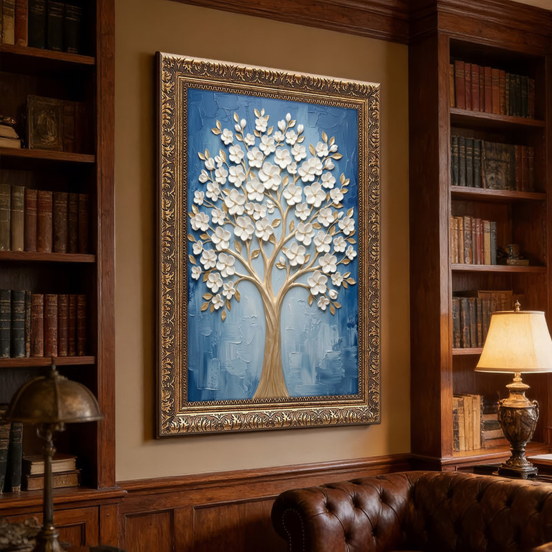 Art mural en toile noyer doré encadré pour salon, chambre à coucher, bureau ou vestibule - décoration murale décorative avec arbre floral