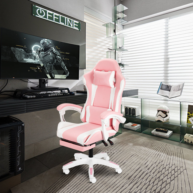 Fauteuil de bureau ergonomique avec dossier lombaire et repose-pieds ergonomique, Blanc / Rose