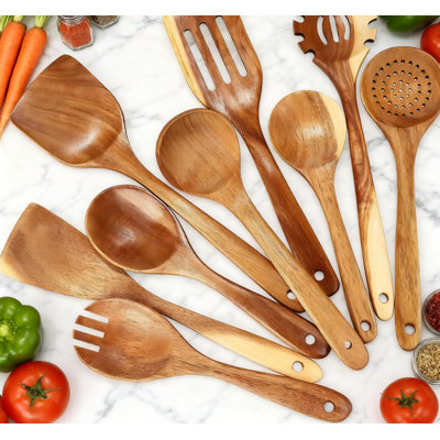 9-Piece Natural Acacia Wooden Utensil Set For Cooking, Long Handle Heat Resistant Spoons & Spatulas For Nonstick Pans, Kitchen Wooden Cookware Tools