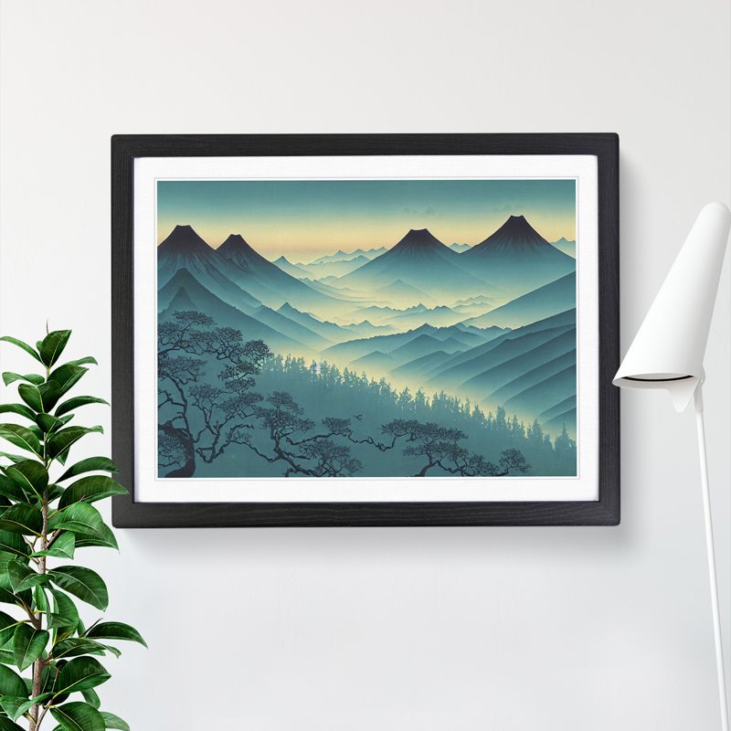 Japanese Forest Mountains - Single Picture Frame Print, Black, 46cm H x 64cm W x 2cm D