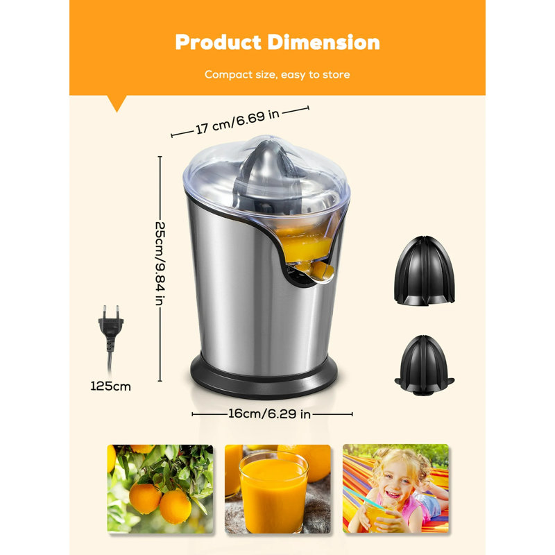 Electric Stainless Steel Citrus Juicer with Interchangeable Cones