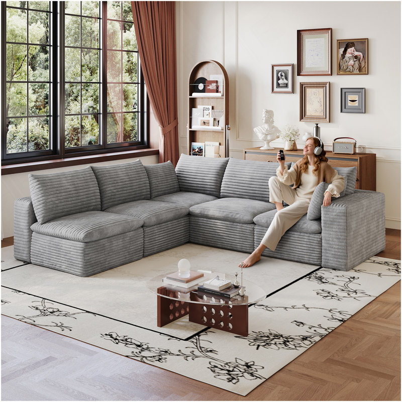 Canapé 99 * 103 po Cloud, tissu en velours côtelé, sièges profonds, conception à deux couches, coussin amovible, sans assemblage, combinaison de bricolage pour le salon, la chambre à coucher, la salle de conférence, l’appartement, gris