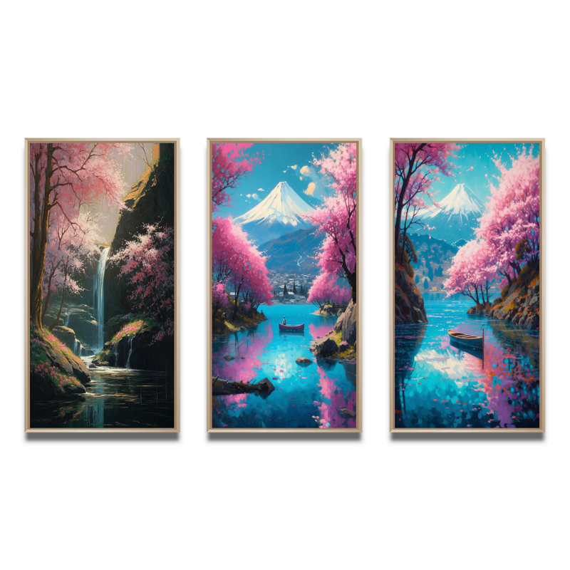 «Cherry Blossom Stream», 3 pièces sur toile, Cadre naturel flottant, H 20 po x l 36 po