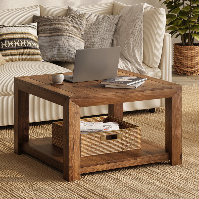 31.5" Square Solid Wood Coffee Table, Mid Century Modern Center Table with 2-Tier Storage for Living Room, Light Brown