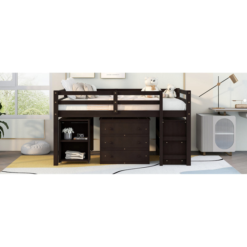 Lit mezzanine basse avec tablettes d'armoire et bureau à roulettes, Tan