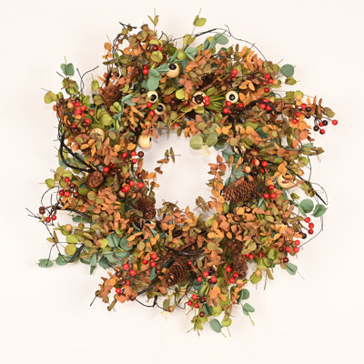 22" Artificial Rustic Berry Pinecone Fall Thanksgiving Day Harvest Blossom Cluster Mini Eucalyptus Front Door Wreath
