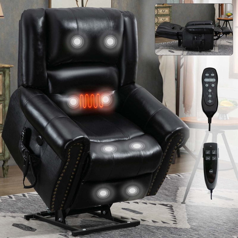 Fauteuil inclinable à deux positions avec massage USB, Cuir véritable noir