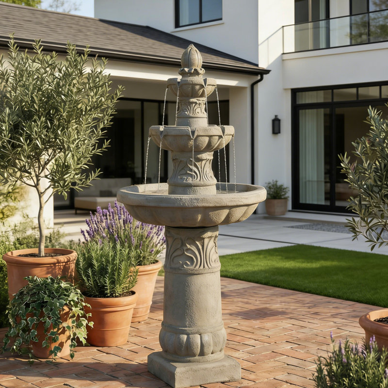 52" 3-Tier Outdoor Fountain With LED Lights, Resin Classical Cascading Water Feature For Patio Garden