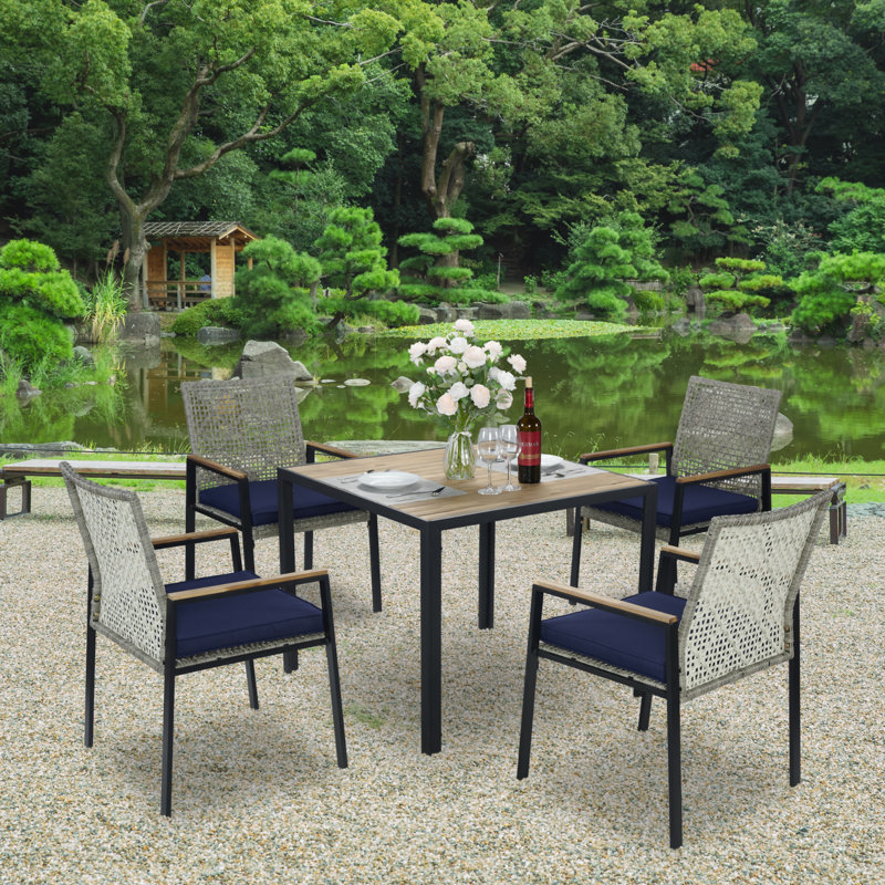 All Weather 5-Piece Patio Dining Table Sets, Light Gray, Navy