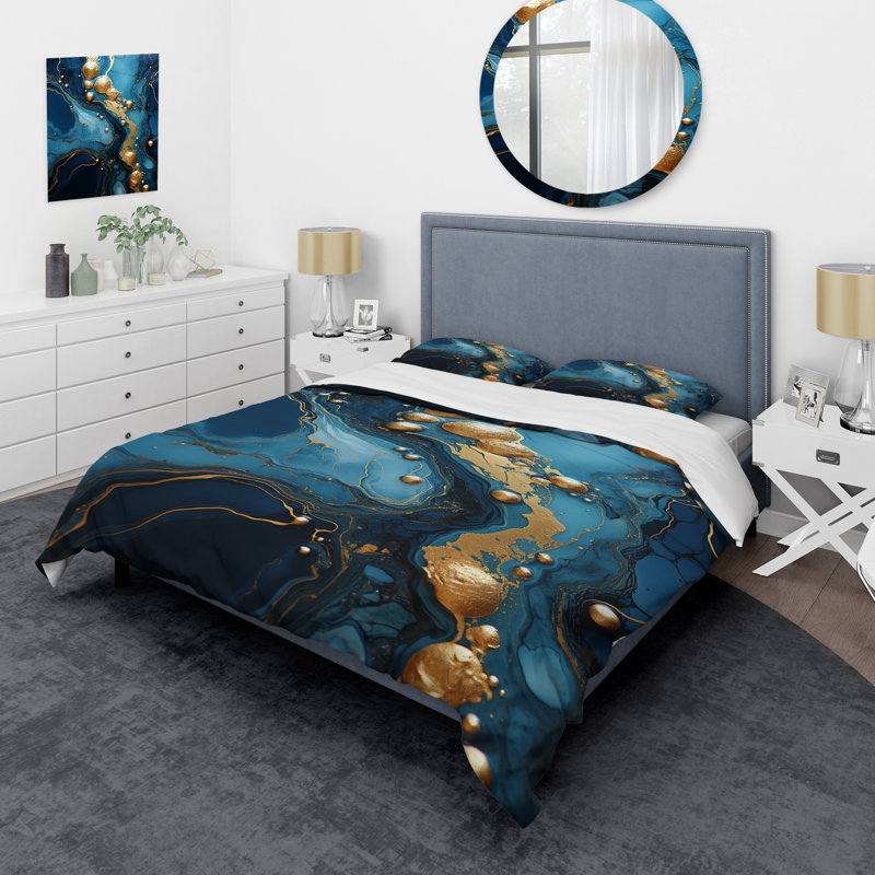Ensemble de housse de couette abstrait doré et saphir bleu marbré III, Housse de couette pour très grand lit