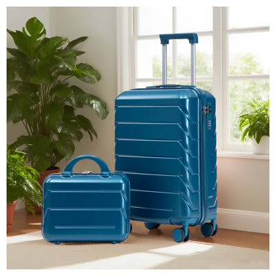 Dark Blue 2-Piece ABS Hardshell Luggage Set with 14-Inch Cosmetic Case and 20-Inch Carry-On Spinner