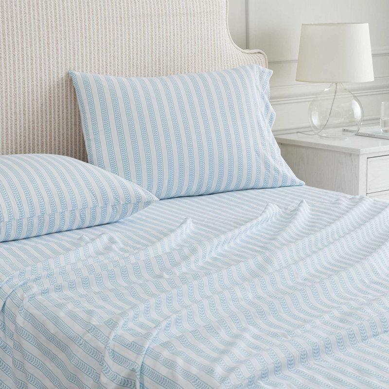 Martha Stewart Cotton Percale  Sheet Set, Queen Sheet Set with 2 Pillowcases, Leaf Stripe Blue