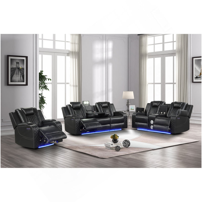 Fauteuil inclinable électrique 3 pièces en similicuir noir