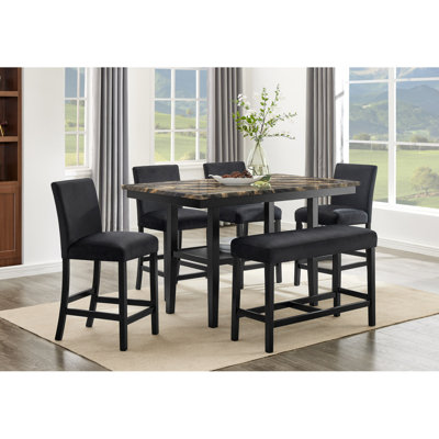 6 pièces ensemble de salle à manger hauteur comptoir faux marbre or noir plateau de table noir rembourré chaise salle à manger meubles en bois