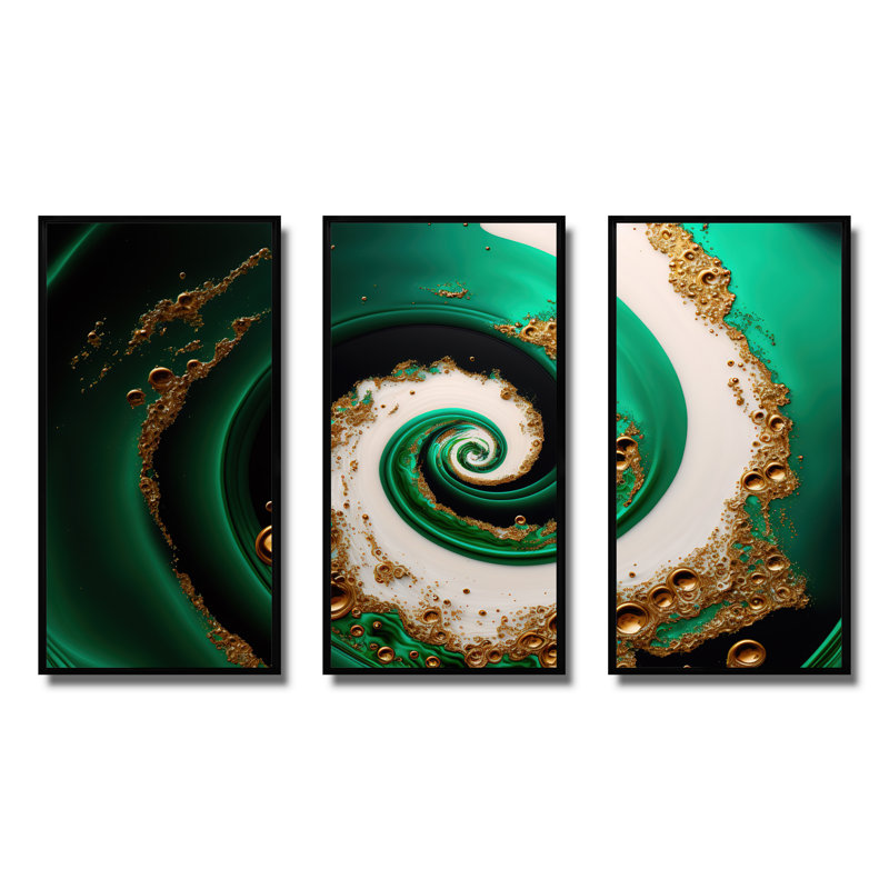 «Green and Gold Crashing Waves I», ensemble d'art mural moderne sur toile, H 28 po x l 36 po x P 1 po, Cadre noir