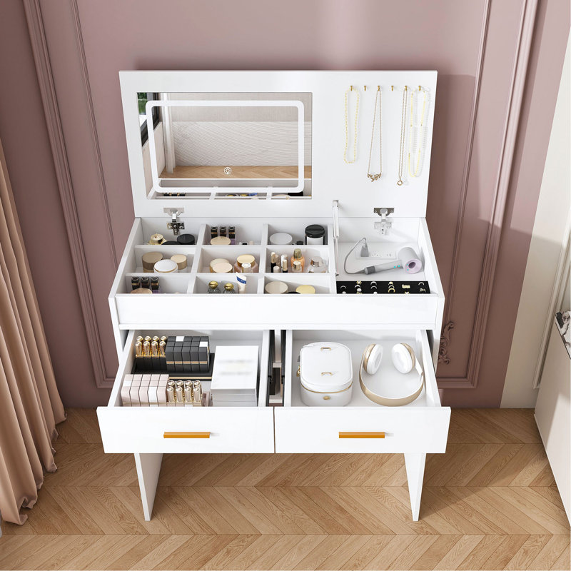 Bureau de meuble-lavabo rabattable avec miroir à DEL et prise de courant intégrée - coiffeuse de maquillage avec 2 tiroirs, rangement ouvert