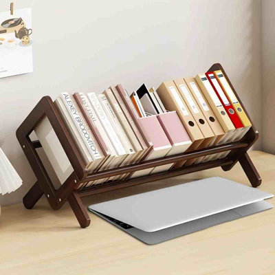 Wood Tilting Bookcase in Living Room/Home/Office, Desktop Book Shelf Organizer Bookshelves Storage Rack for CDs/Magazine/Books Display (Coffee, 16"-L)