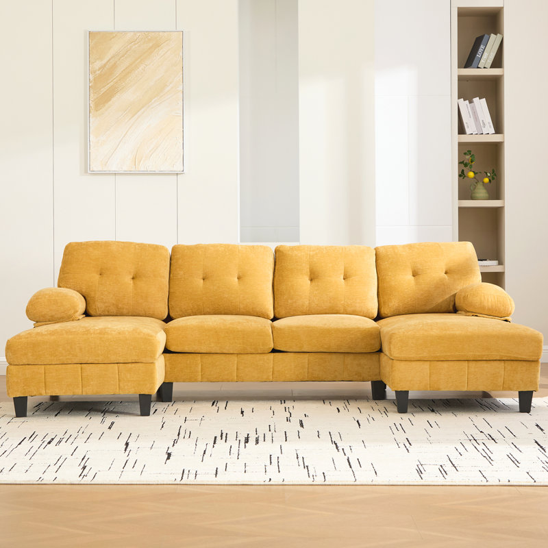 103.5"W 4-Piece Upholstered Sectional, Yellow Chenille