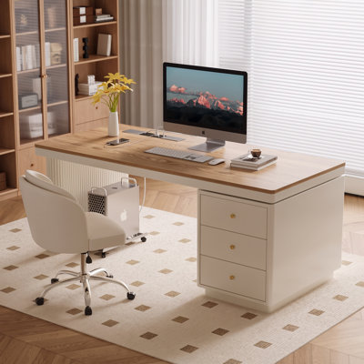  70.87" Modern Sintered Stone Top Computer Desk with Reversible 3-Drawer Cabinet & Built-in Power Hub,Cream Home Office Writing Desk