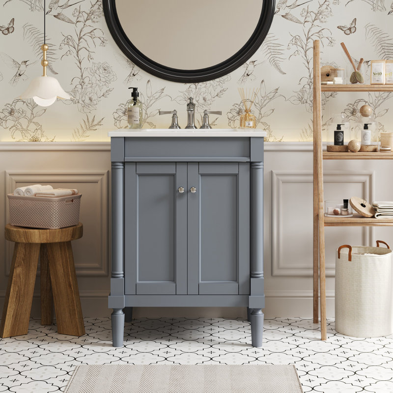 Meuble-lavabo moderne 24 po gris: lavabo supérieur et rangement à 2 niveaux