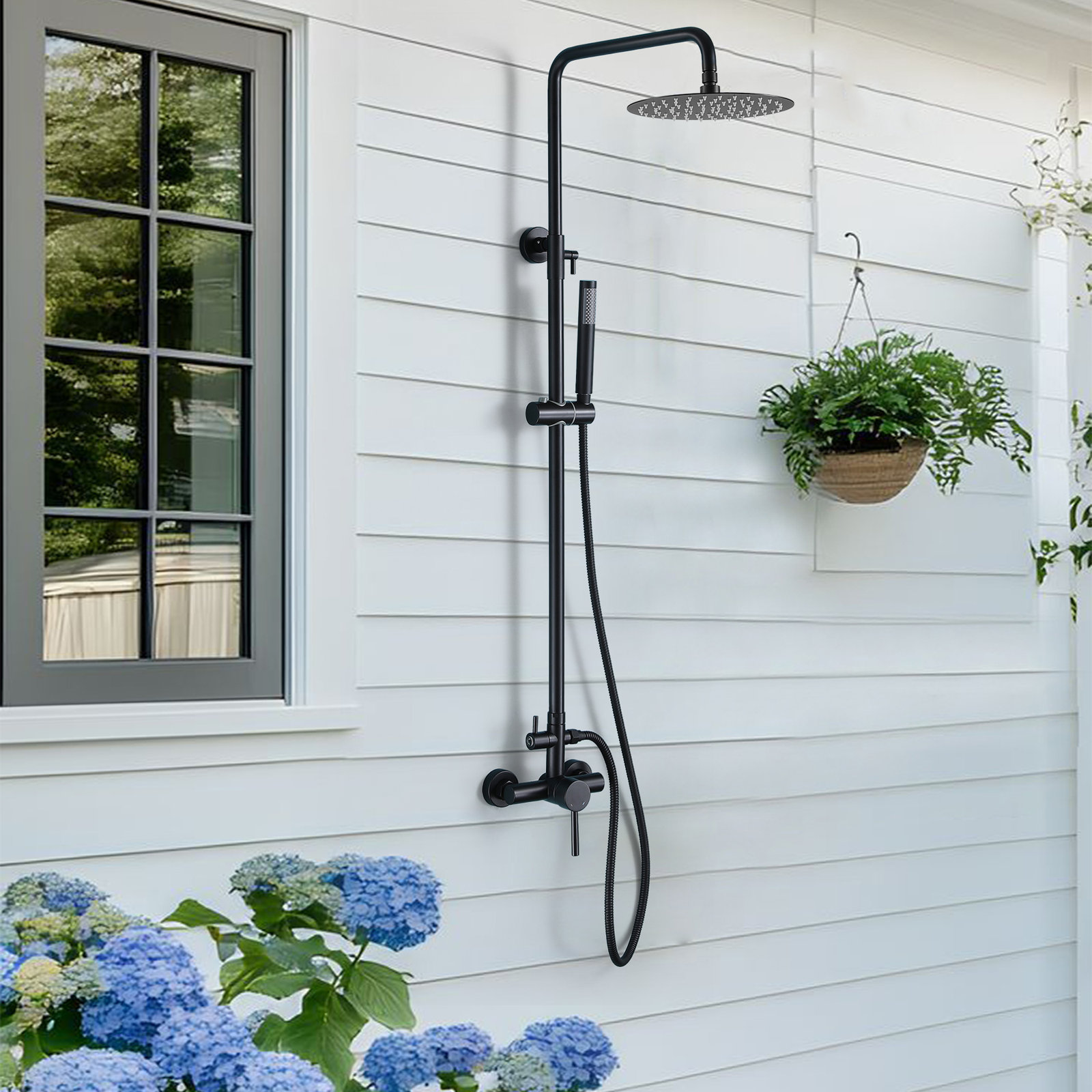 Wall Mount Outdoor Shower with Handheld, Matte Black