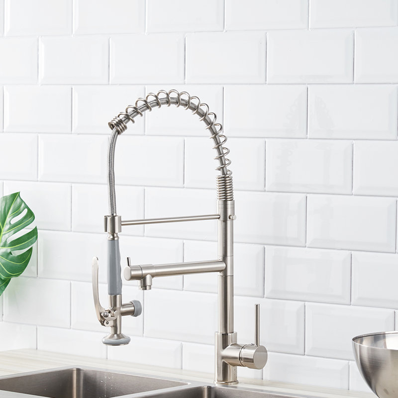 Pull Down In Commercial Kitchen Faucet - Brushed Nickel Modern Hot And Cold Single Handle Sink With For