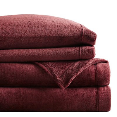 Drap simple 3 pièces bourgogne - confortable et relaxant à 100%, brossé deux fois pour une finition luxueuse en velours, livré avec un drap plat, une taie d'oreiller ajustée, des matelas de 16 po, un entretien facile à la machine, un confort douillet