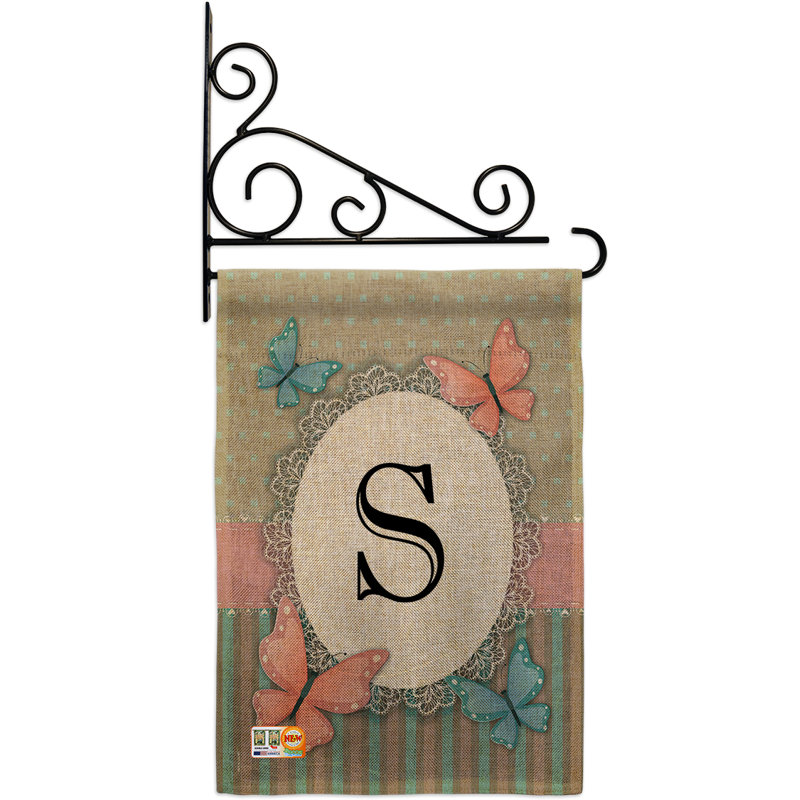 Papillons et initiale 2 côtés en toile jute 19 x 13 po drapeau de jardin, S
