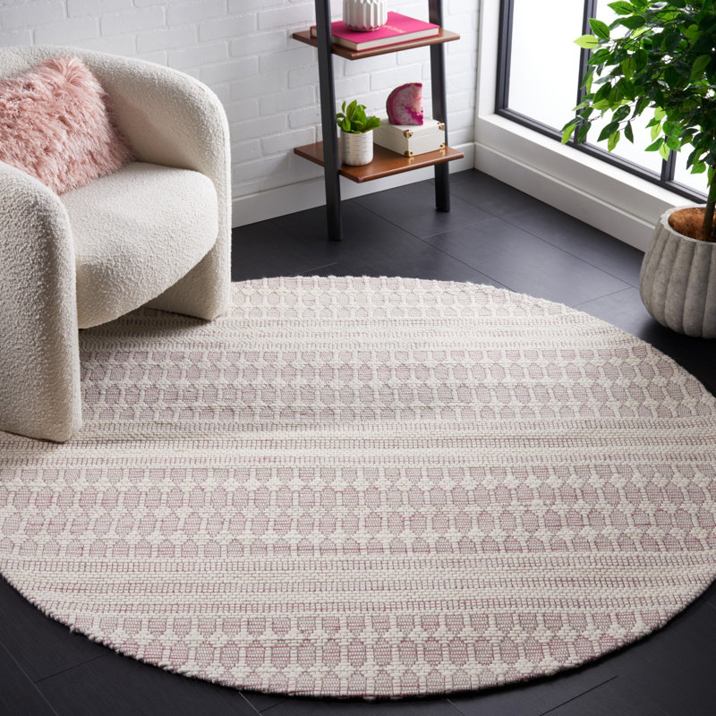 Tapis géométrique rose / ivoire tissé à la main Rabun, Rond 6 pi