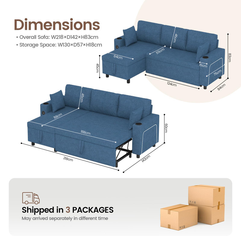 3 Seater Fabric Sofa Bed, Blue