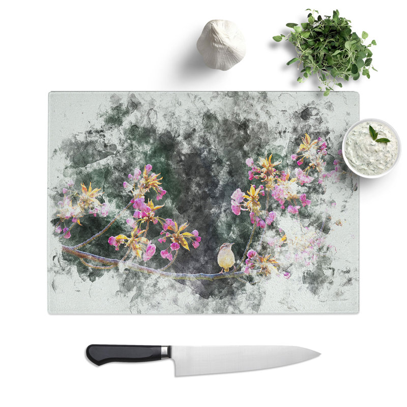 Tempered Glass Wren upon a Blossom Tree Branch Watercolour Chopping Board, 28.5 cm x 39 cm
