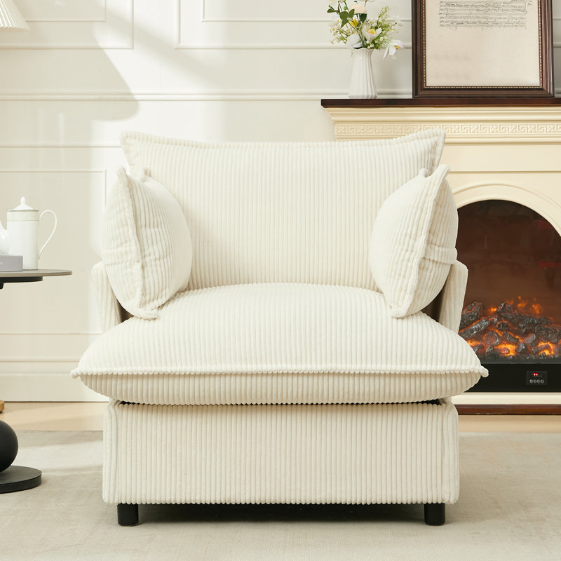 Upholstered Oversized Accent Chair, Comfortable Single Sofa Chair with Pillows, Deep Seat Reading Armchair, White