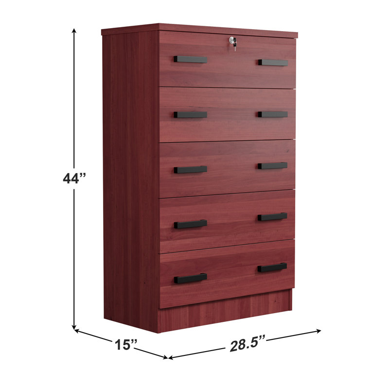 Commode 5 tiroirs en bois avec serrure Basurto, Acajou