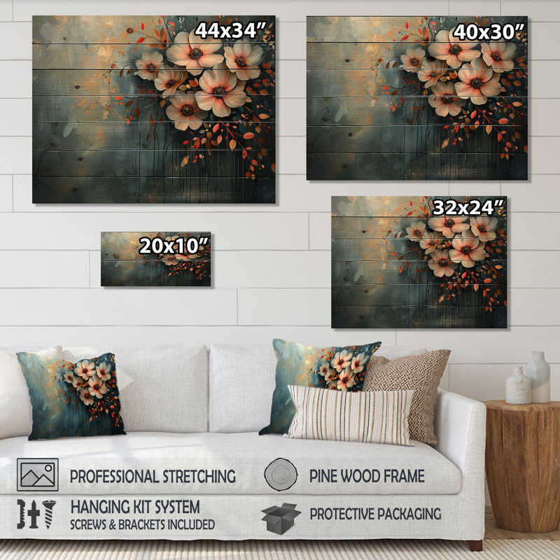 Garden Dahlia Effect At Night II - Dahlia Wood Wall Decor - On Natural Pine Wood, 10" H x 20" W x 0.78" D