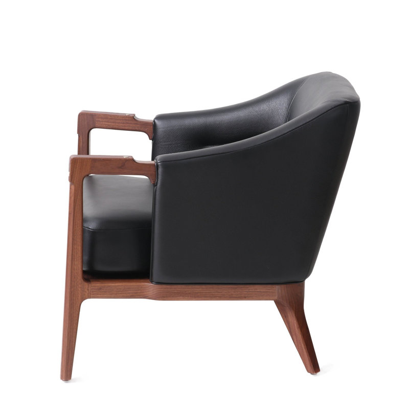 Fauteuil club Alva, Black Leather, Noyer naturel