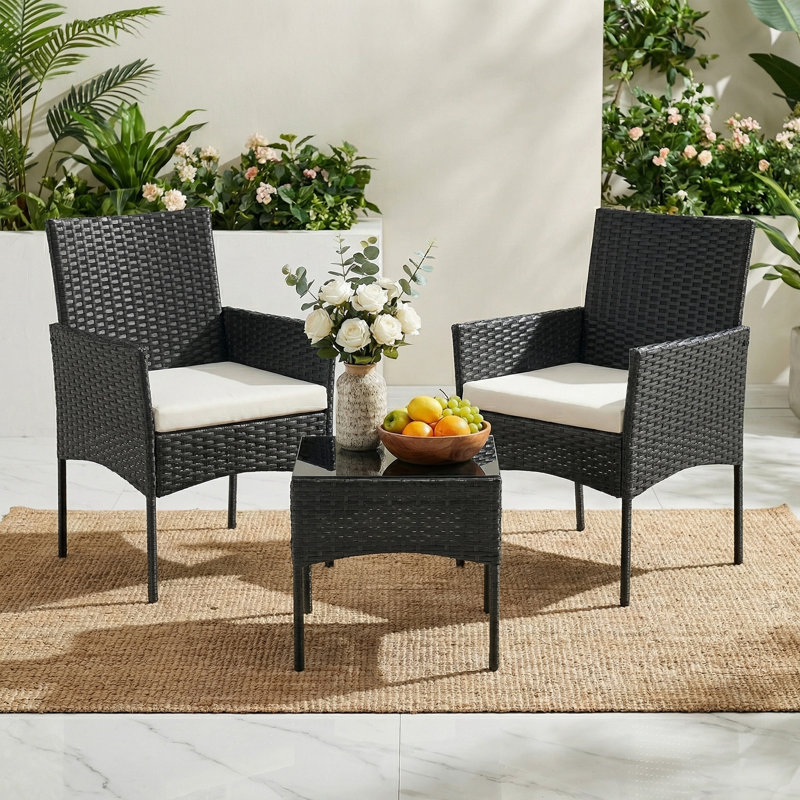 3-Piece Patio Furniture Set, Wicker Outdoor PE Rattan Furniture with Coffee Table & Washable Cushion, Compact Bistro Conversation Seating for Balcony, Garden, Poolside