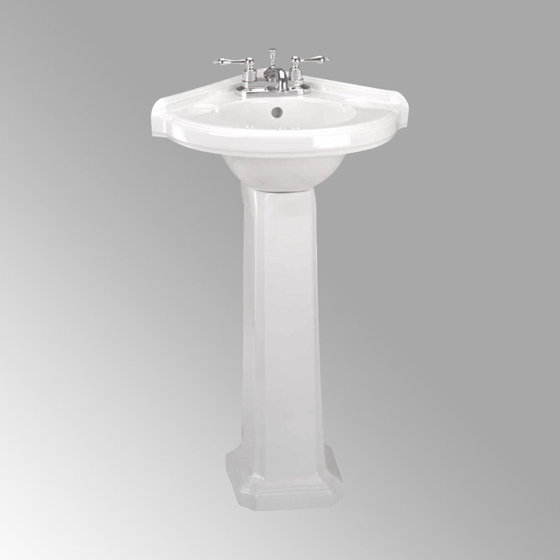 White Ceramic Corner Pedestal Bathroom Sink with Overflow