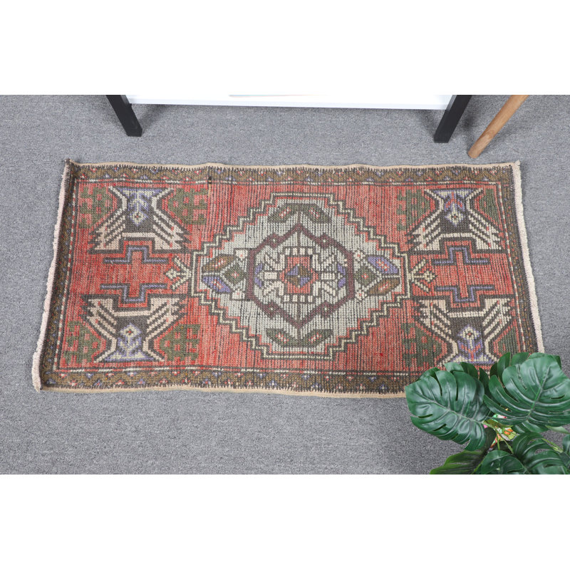 Red Antique Turkish Rug Handwoven From Wool Ideal For Entryways and Bathrooms Handmade In Anatolian Style